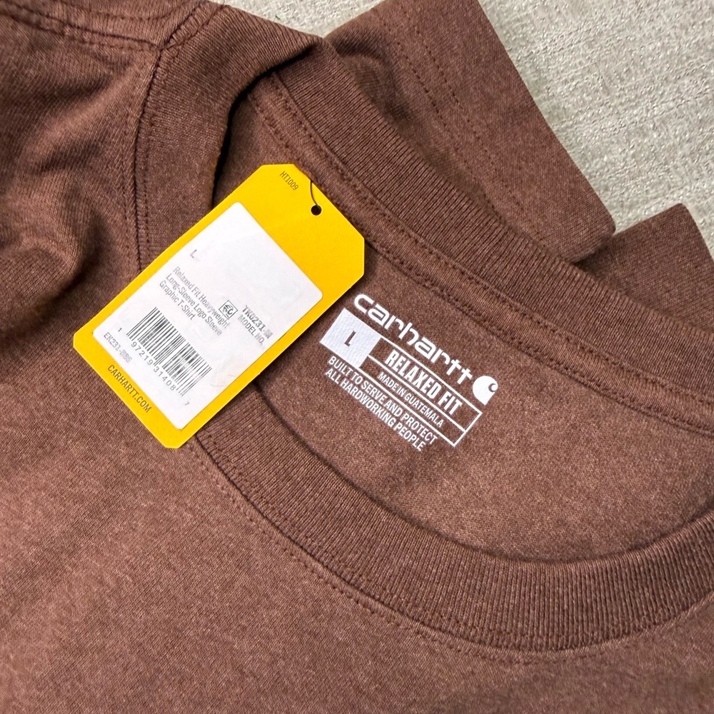 NWT Carhartt Men’s Large Relaxed Fit Long Sleeve Graphic Tee Brown Logo Shirt